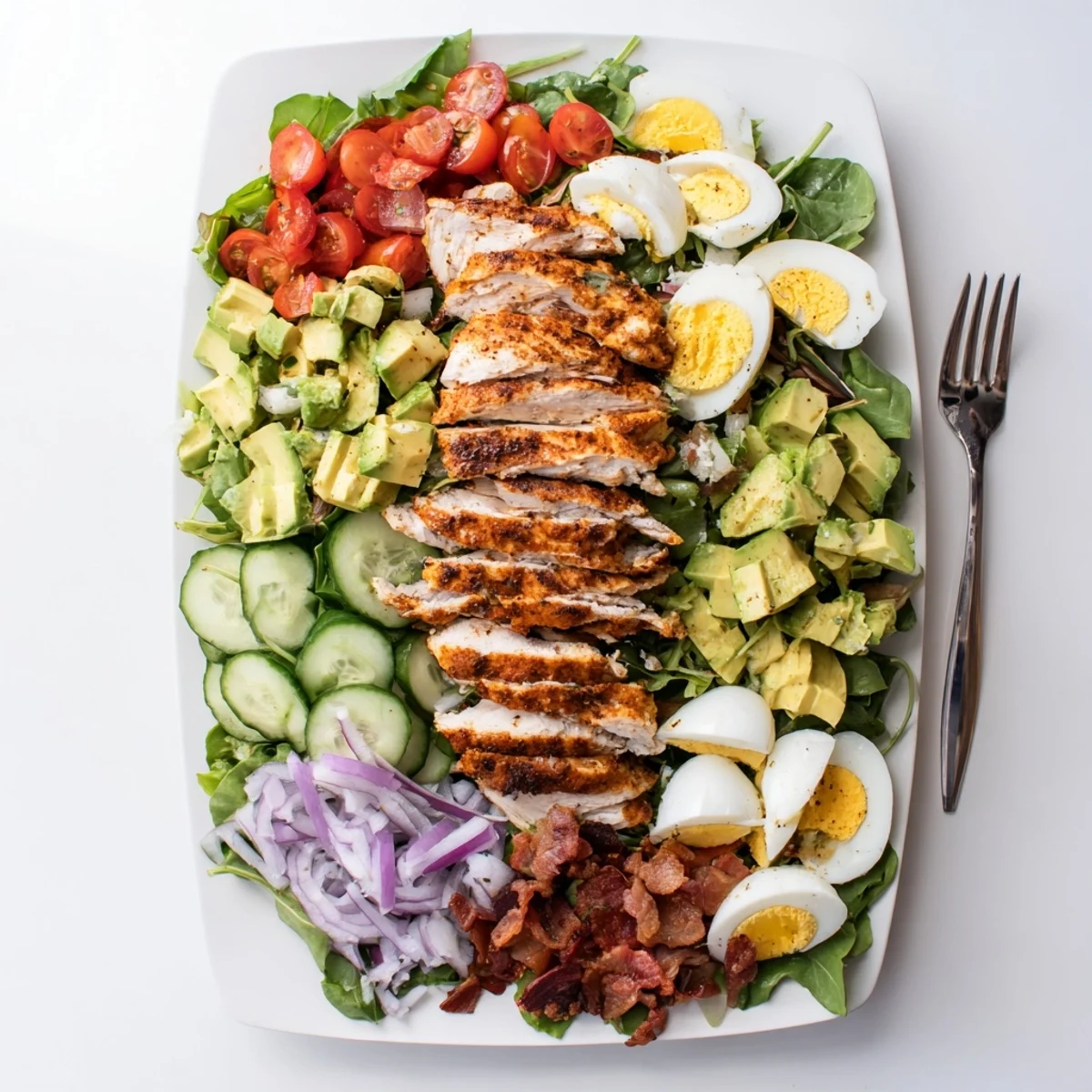Vibrant bowl of Paleo Grilled Chicken Cobb Salad arranged with hard-boiled eggs, cherry tomatoes, and crisp greens