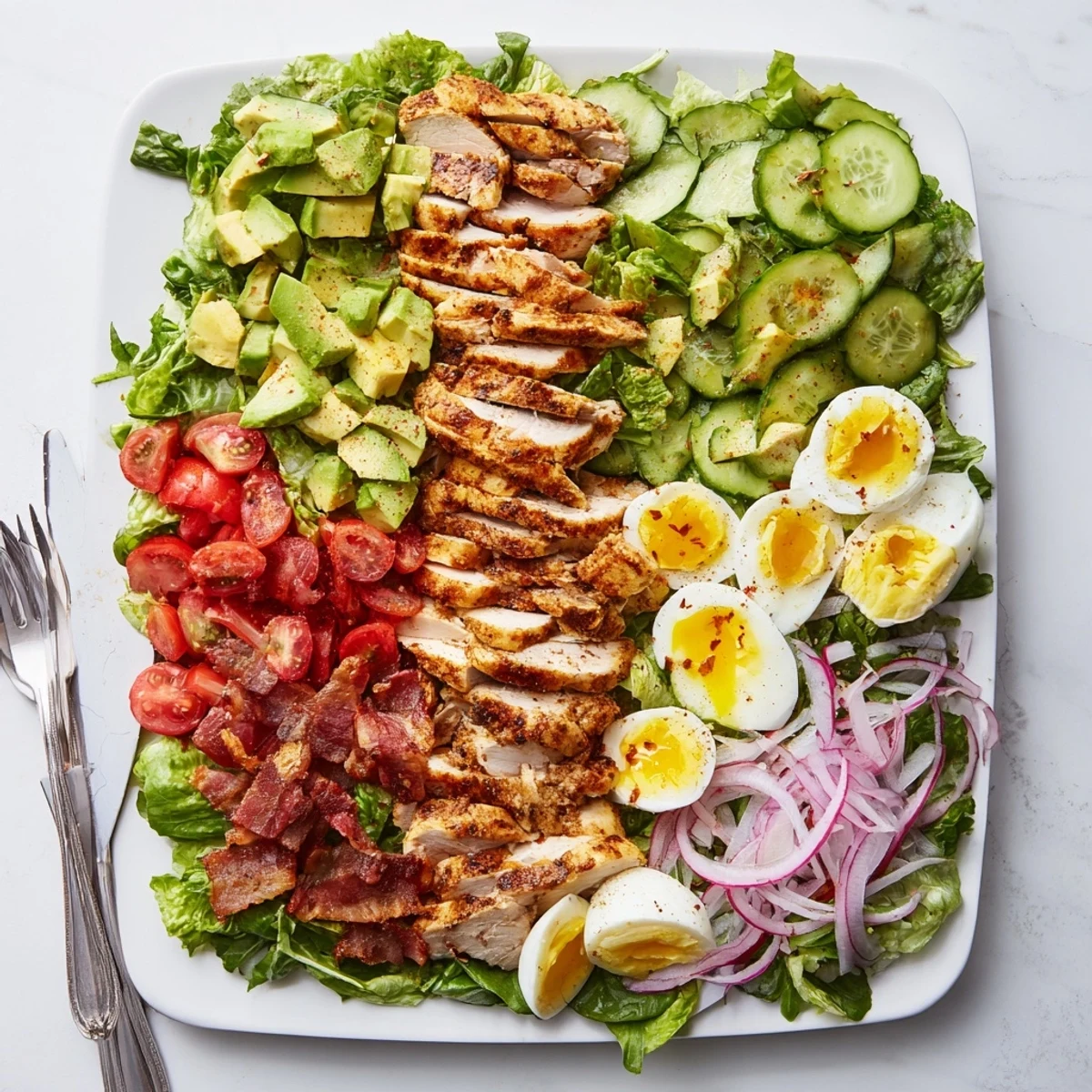 Sliced seasoned grilled chicken breast served over a layered Paleo Cobb Salad with creamy avocado and bacon crumbles