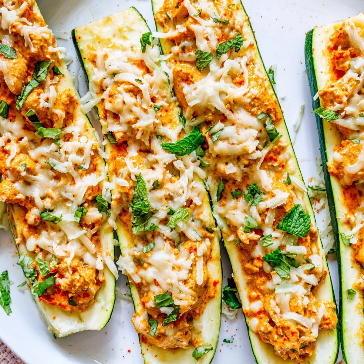 Golden baked zucchini boats overflowing with creamy spiced butter chicken and fresh cilantro