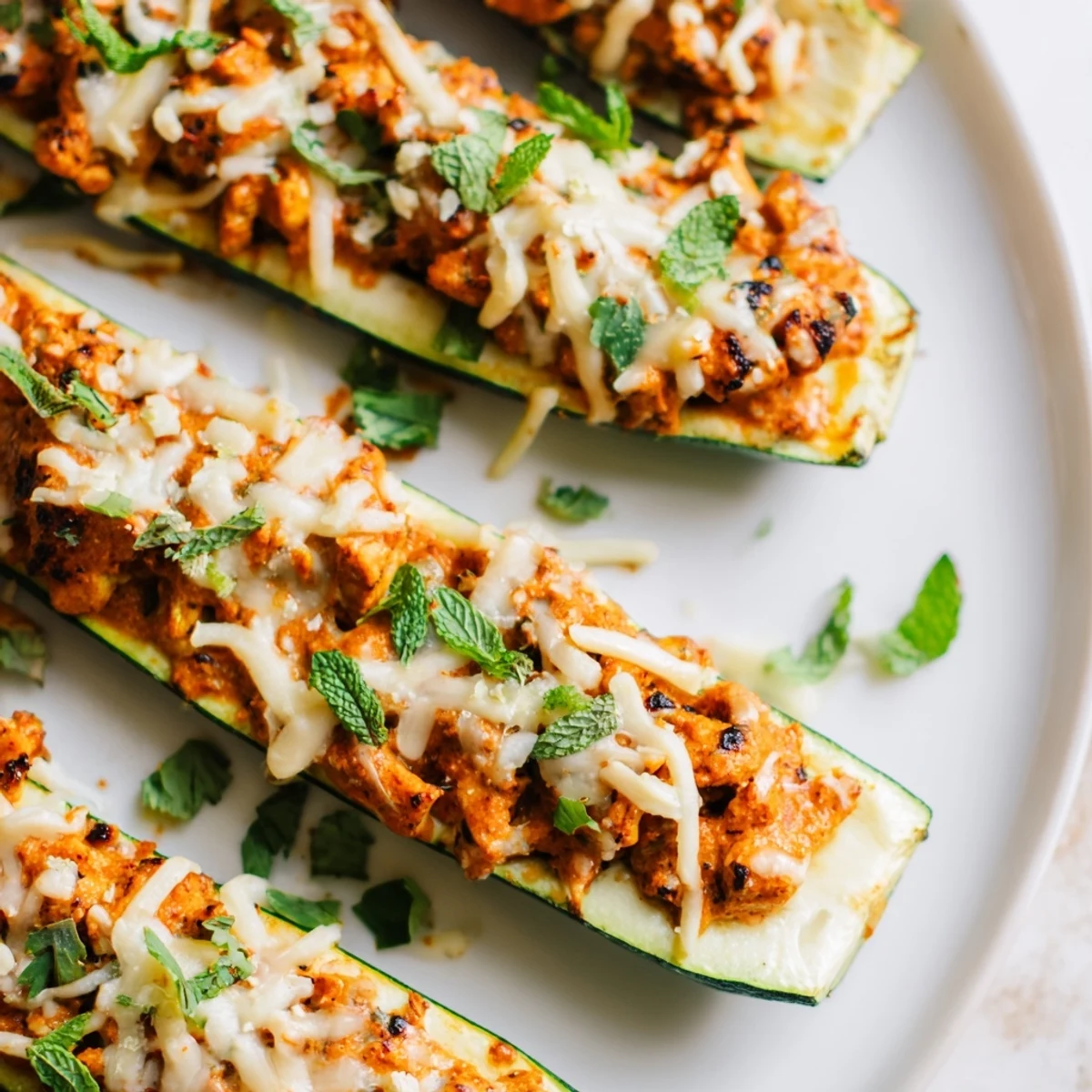 Tender roasted zucchini halves stuffed with aromatic butter chicken topped with melting mozzarella cheese