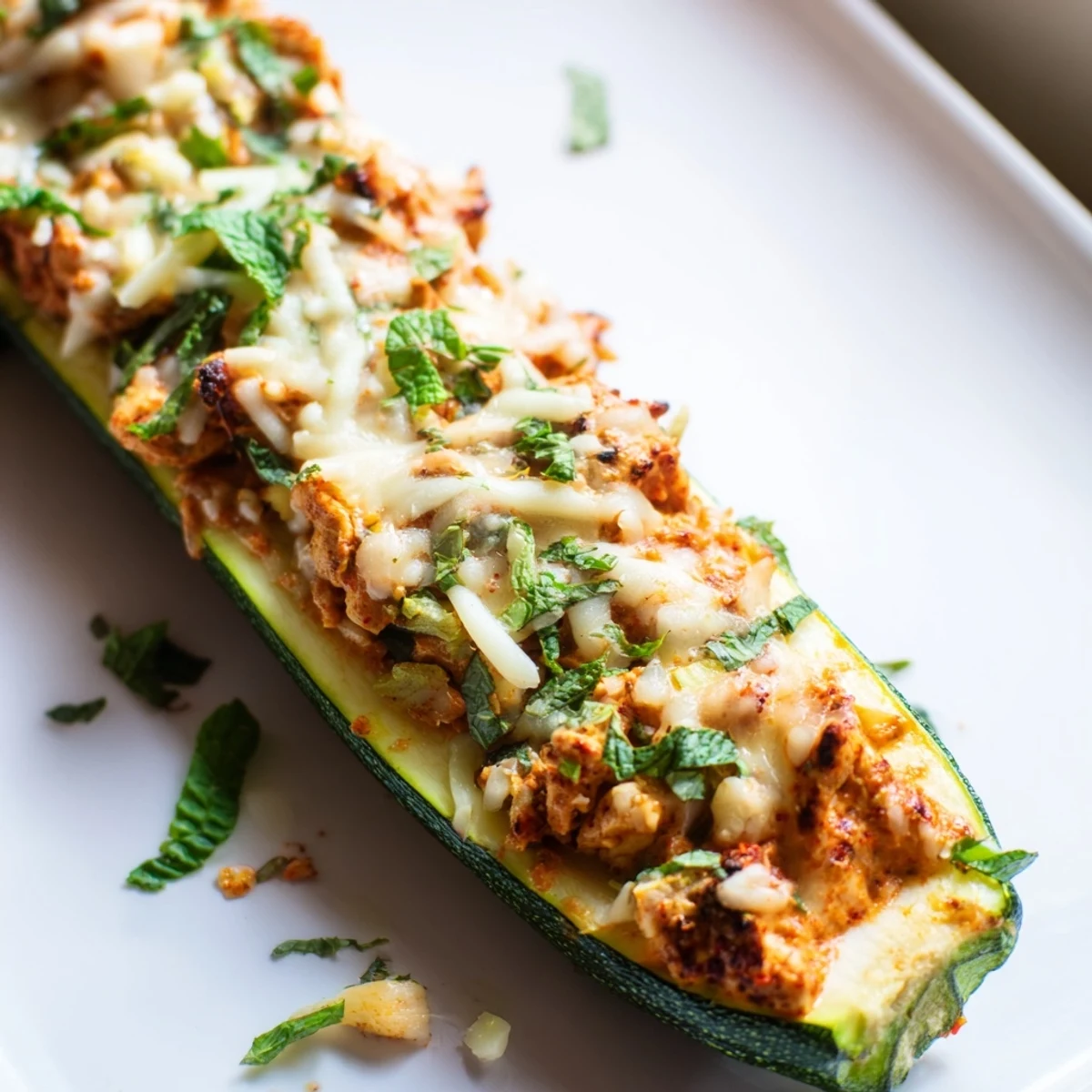 Gluten-free low carb dinner featuring zucchini boats filled with rich Indian butter chicken sauce
