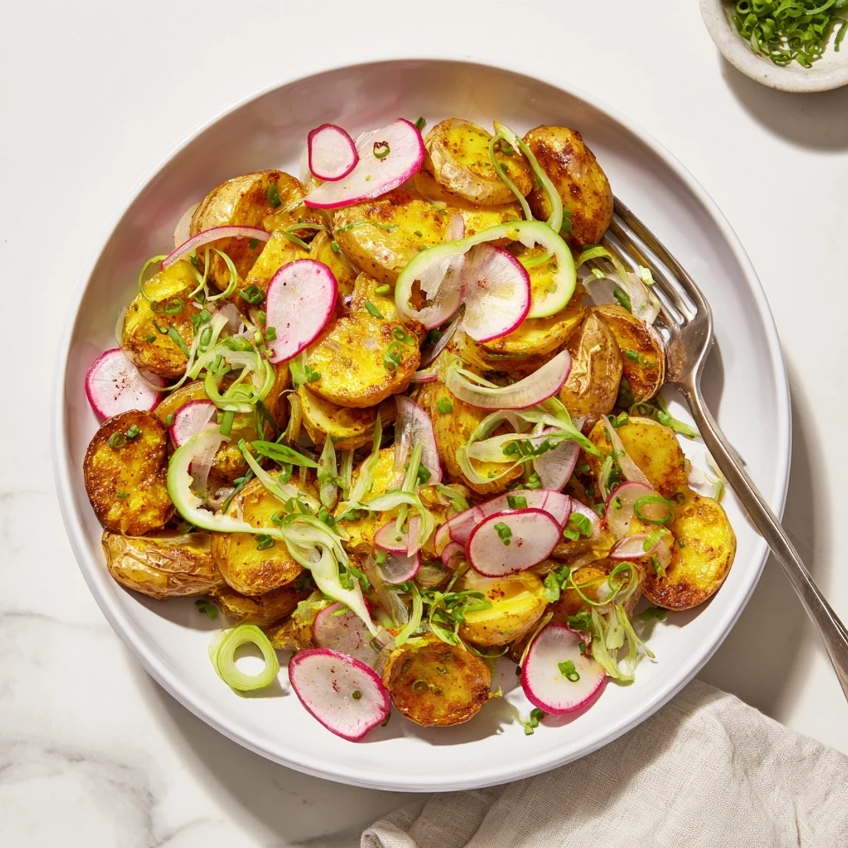 Colorful roasted potato salad featuring crispy potatoes, red onion, and celery tossed in zesty dressing