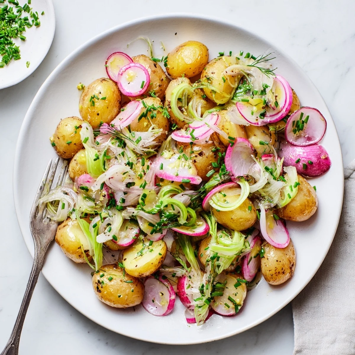 Golden roasted potato salad with fresh herbs and tangy mustard dressing in a serving bowl
