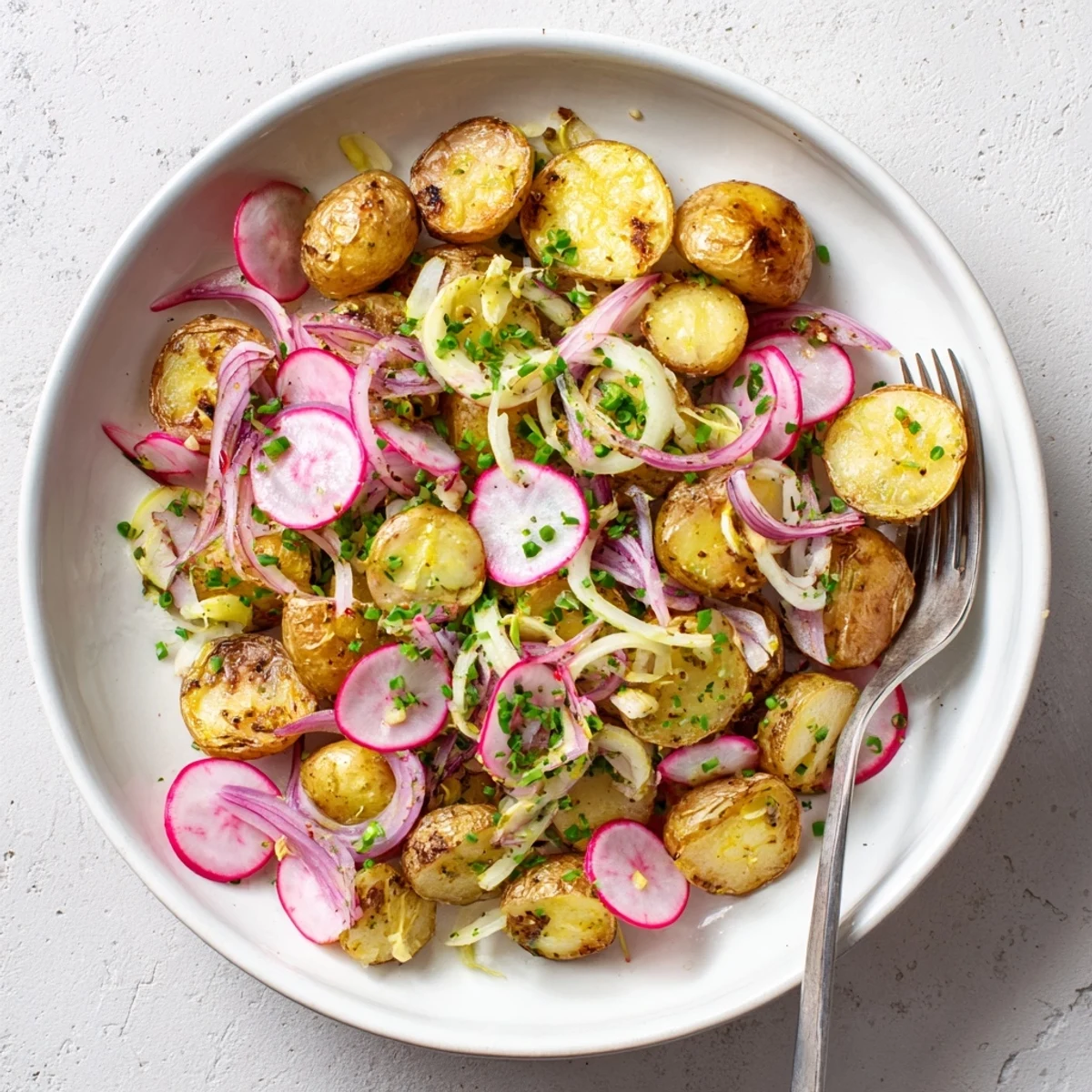 Hearty roasted potato salad plated with fresh parsley and chives, drizzled with Dijon mustard vinaigrette
