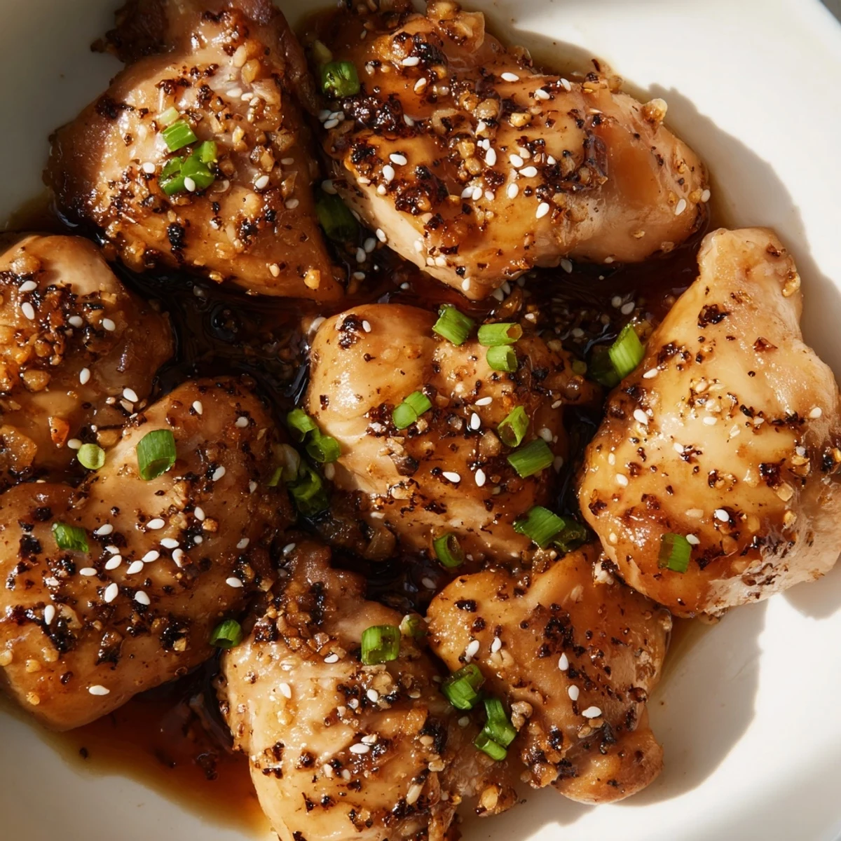 Savory garlic black pepper chicken thighs with glossy marinade and chopped scallions