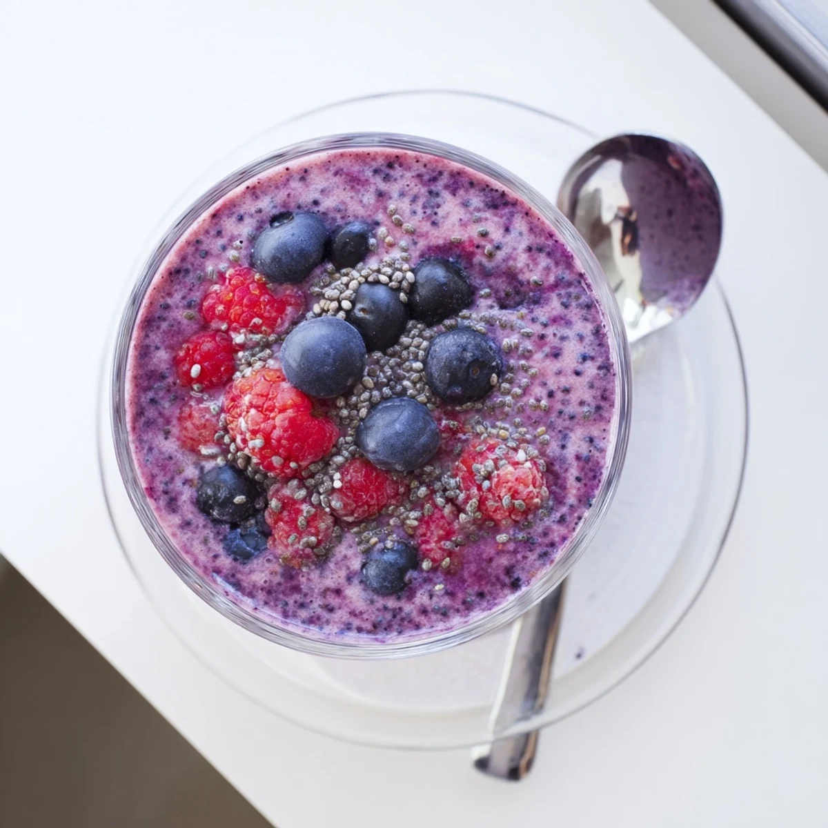 Thick chia seed smoothie breakfast bowl garnished with granola and sliced fruit