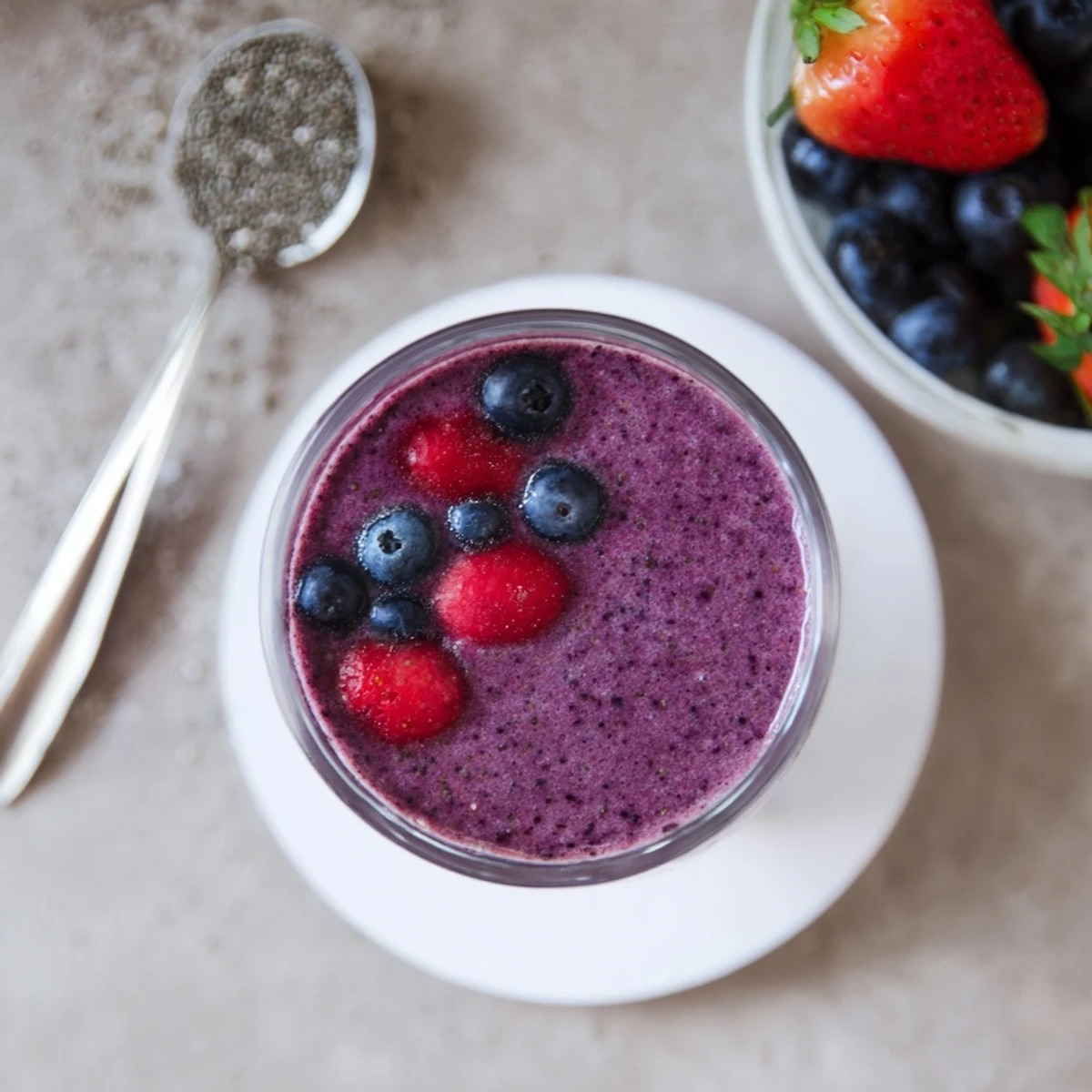 Purple chia seed smoothie with visible floating seeds served on wooden table