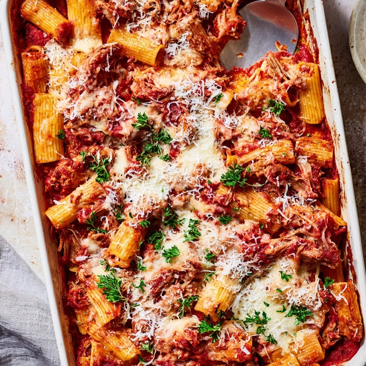Golden bubbly chuck roast pasta bake with rich tomato sauce and melted mozzarella cheese topping