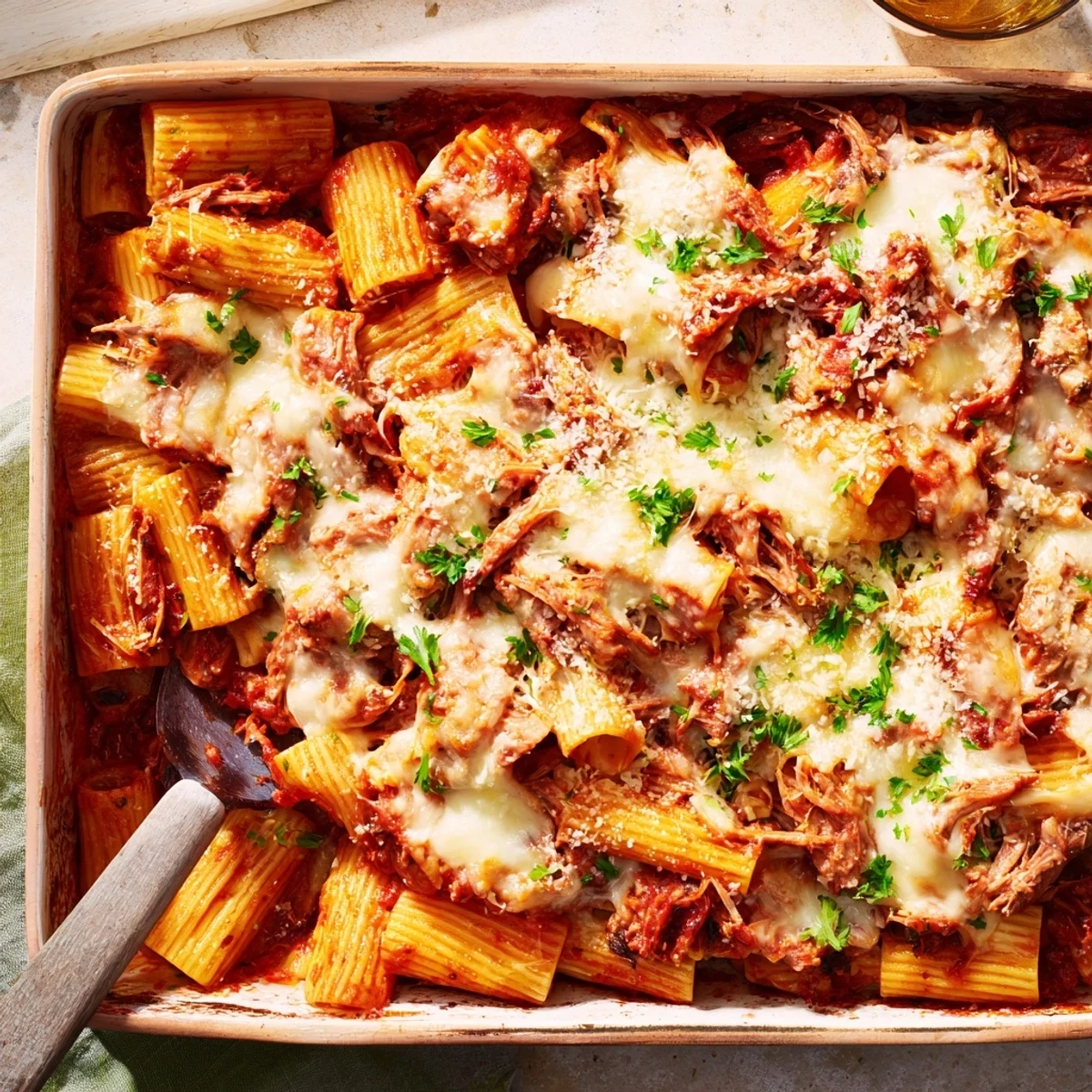 Hearty rigatoni layered with tender slow-cooked beef in savory red tomato sauce casserole