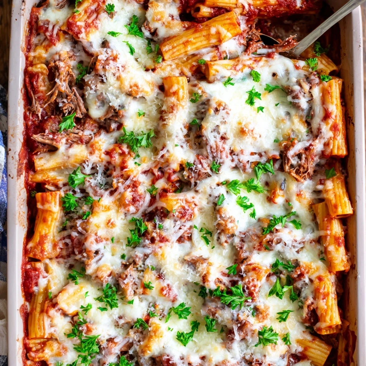 Comforting pasta bake dish featuring shredded chuck roast baked with gooey mozzarella and fresh parsley garnish