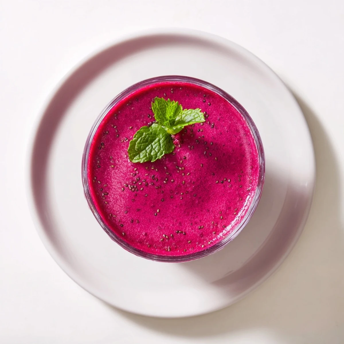Vibrant magenta beet smoothie poured into a glass with fresh mint garnish