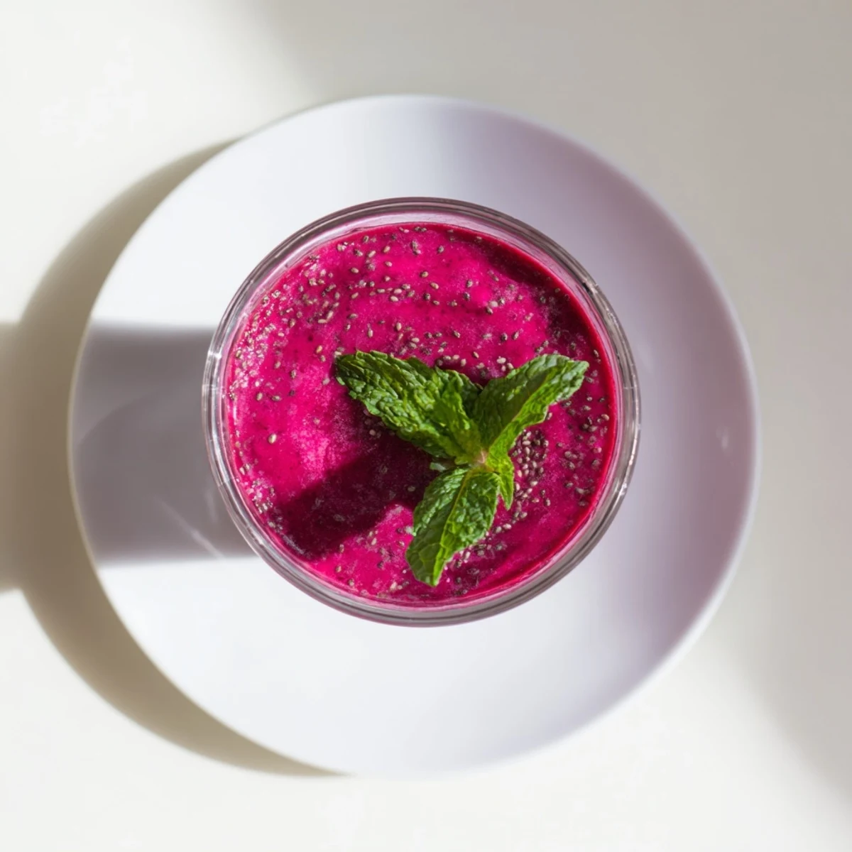 Thick creamy beet smoothie blended with strawberries and banana in clear jar