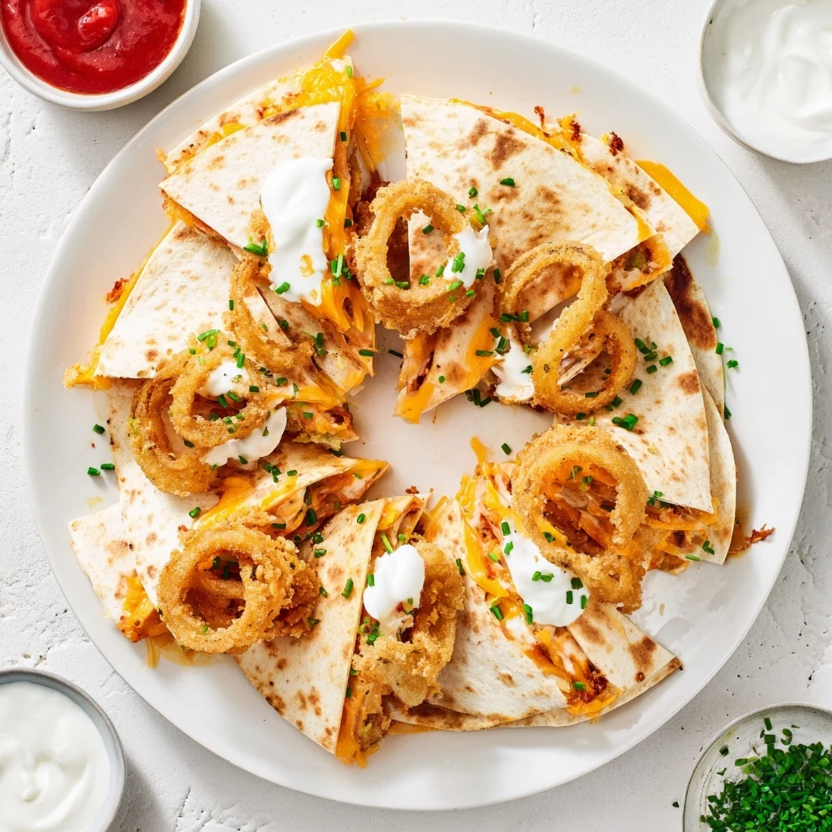 Sliced quesadilla revealing gooey mozzarella and crunchy fried onion rings inside warm tortilla