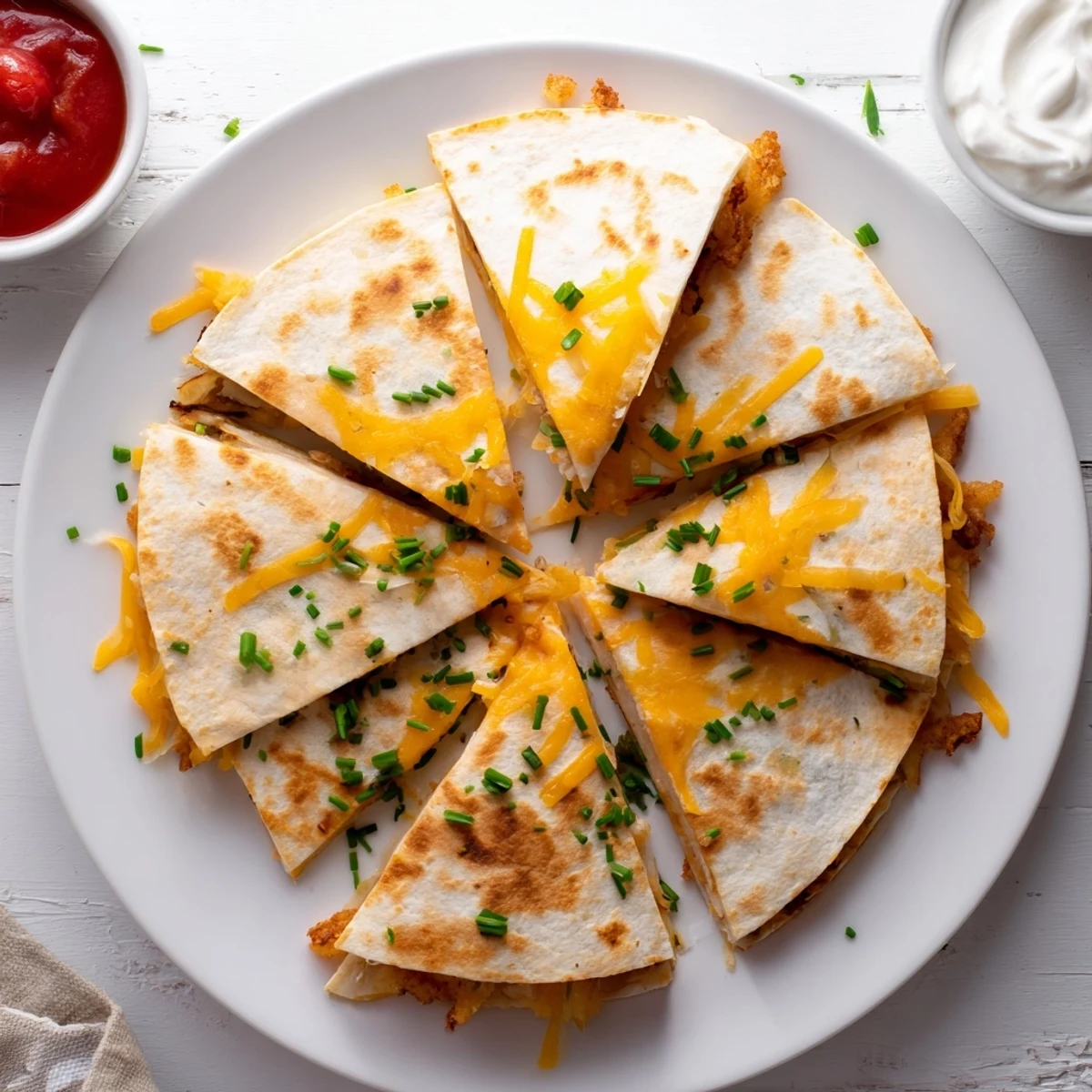 Tex-Mex quesadilla wedges stacked on plate with onion rings oozing melted cheese throughout