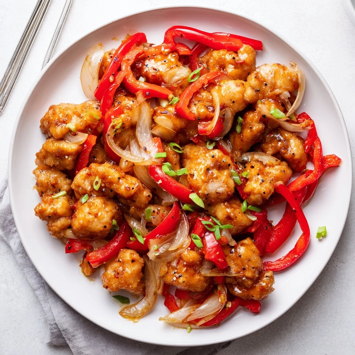 Golden crispy pepper chicken pieces tossed with vibrant bell peppers and aromatic black pepper coating