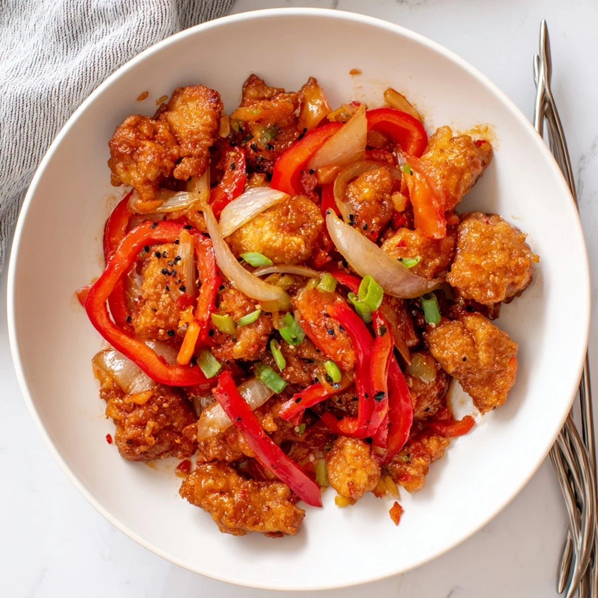 Asian-inspired crispy pepper chicken stir-fry with sliced onions, red peppers, and freshly cracked black pepper garnish