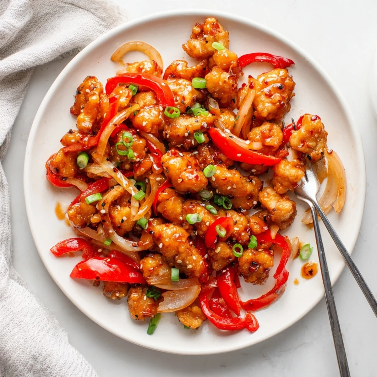 Juicy fried chicken coated in cornstarch and served with spicy pepper sauce over steamed white rice