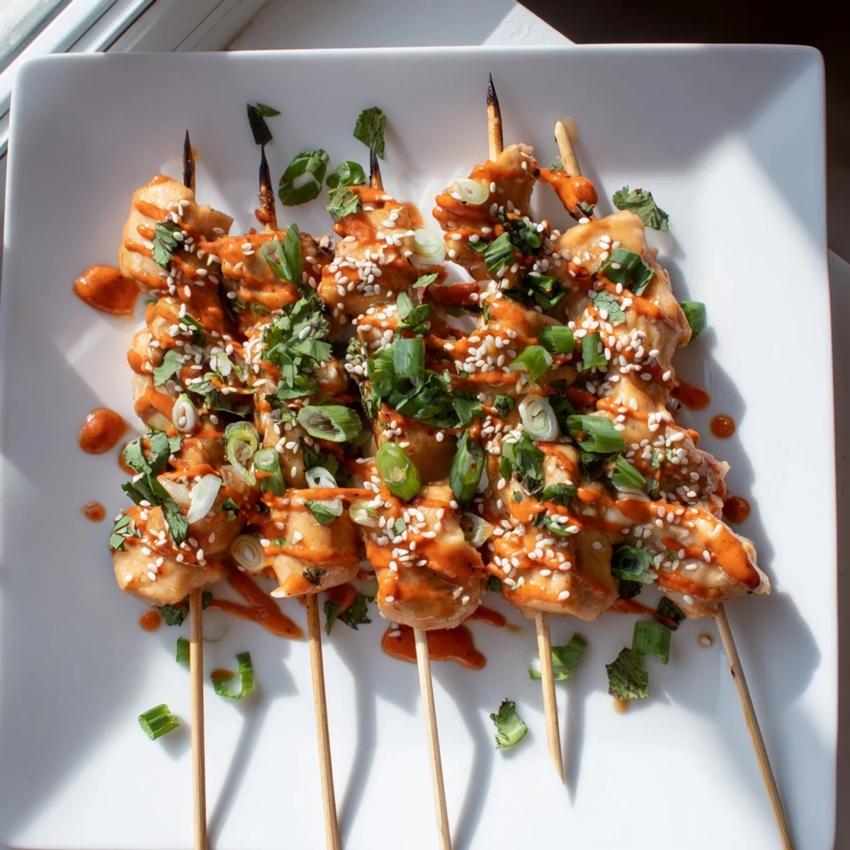 Golden grilled Bang Bang chicken skewers brushed with creamy spicy sauce and sesame seeds
