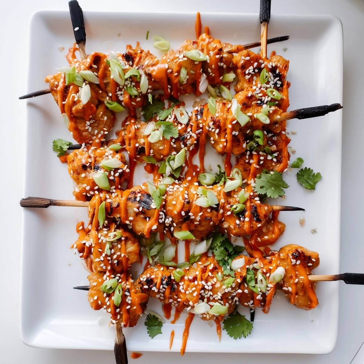 Juicy Bang Bang chicken skewers drizzled with sweet chili mayonnaise and fresh scallions