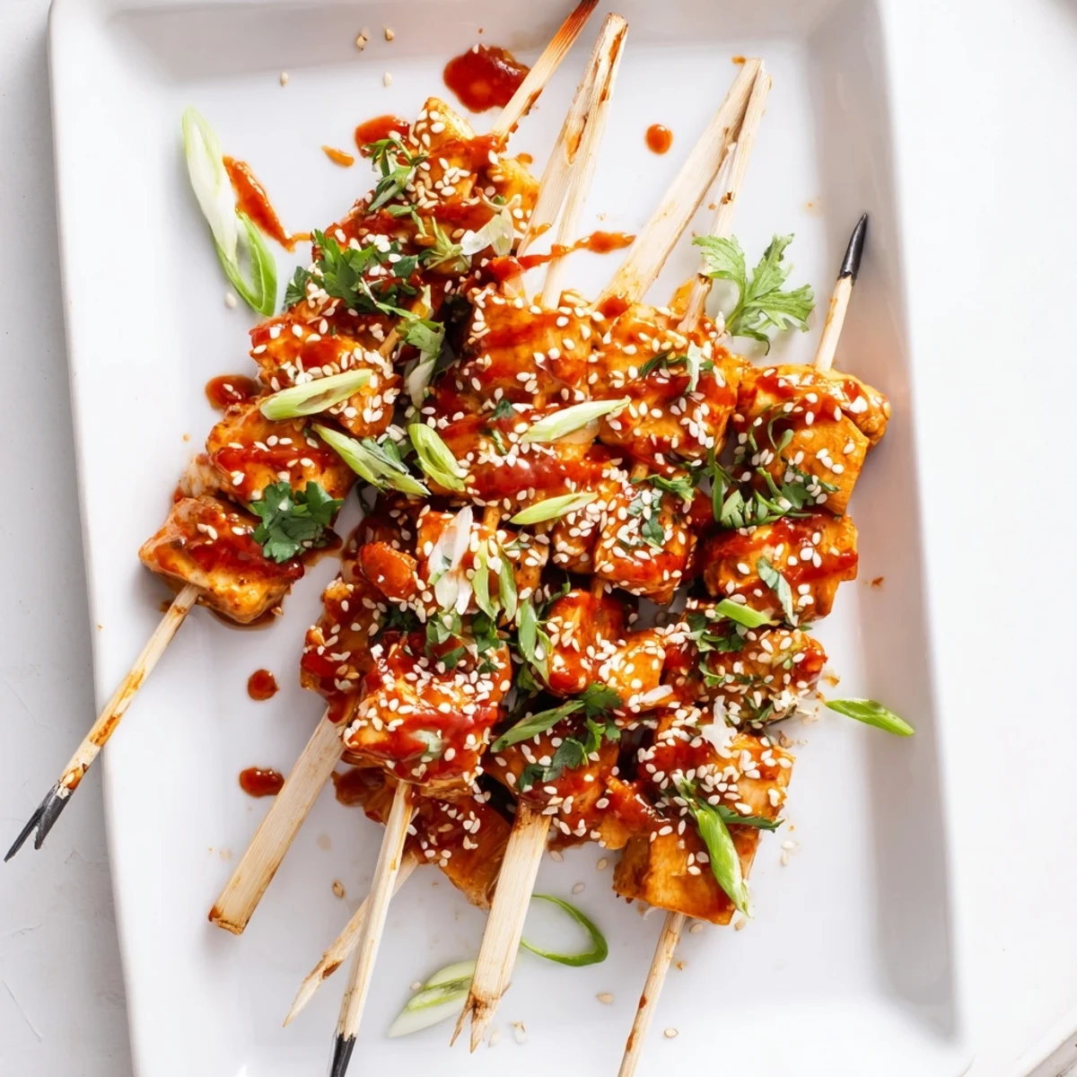 Perfectly charred Bang Bang chicken skewers coated in tangy sriracha sauce over white rice