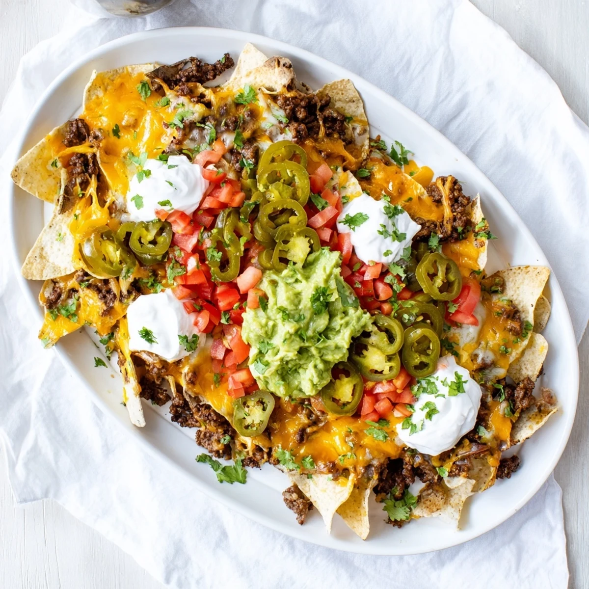 Golden tortilla chips layered with spiced ground beef, bubbly cheese, and vibrant Tex-Mex garnishes
