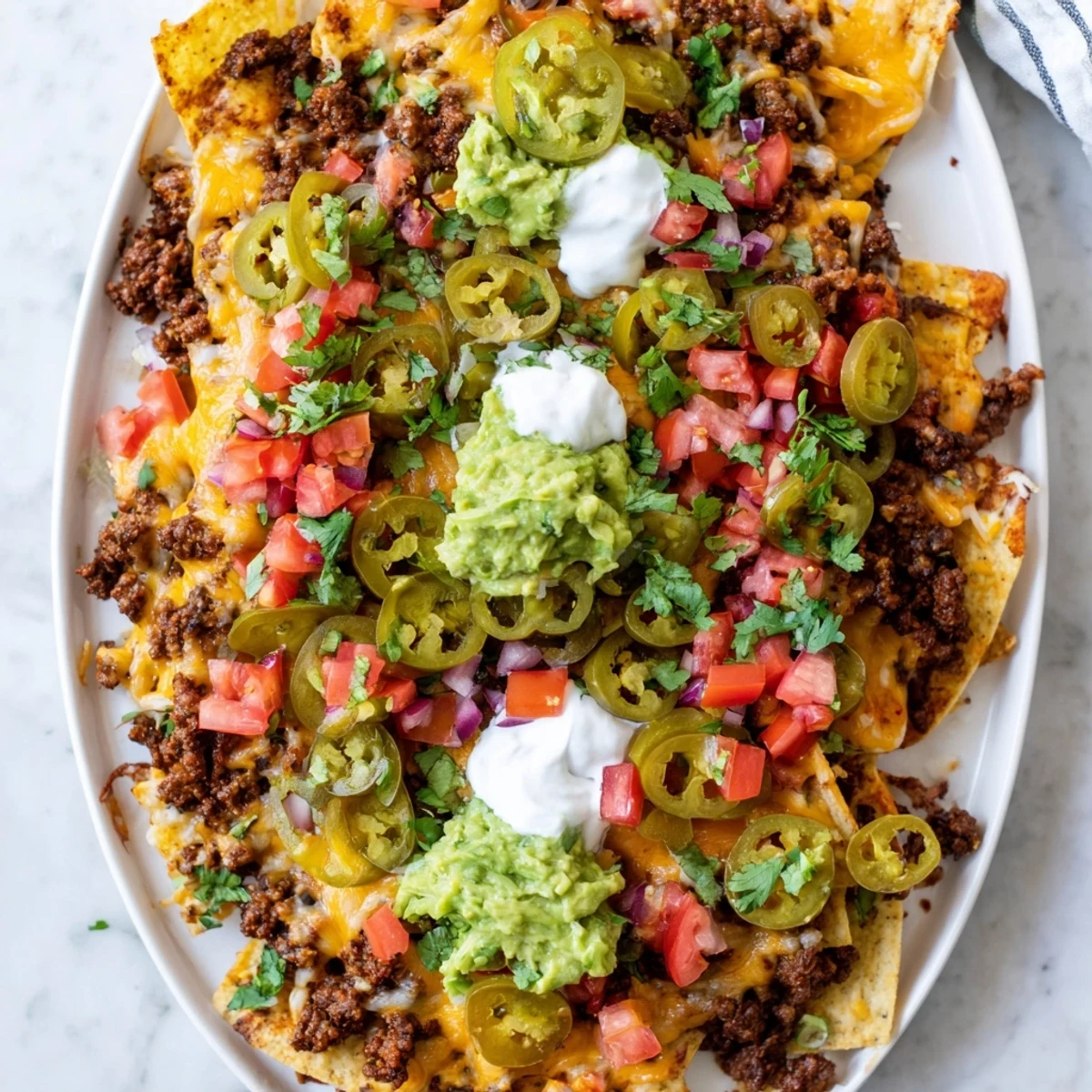 Loaded Texas nachos piled high with seasoned beef, melted cheddar, and colorful fresh toppings