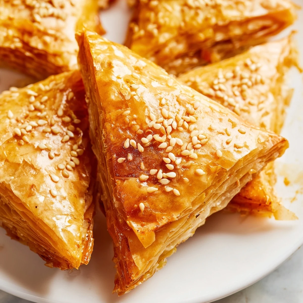 Golden brown Moroccan spiced chicken briouats arranged on a white serving plate