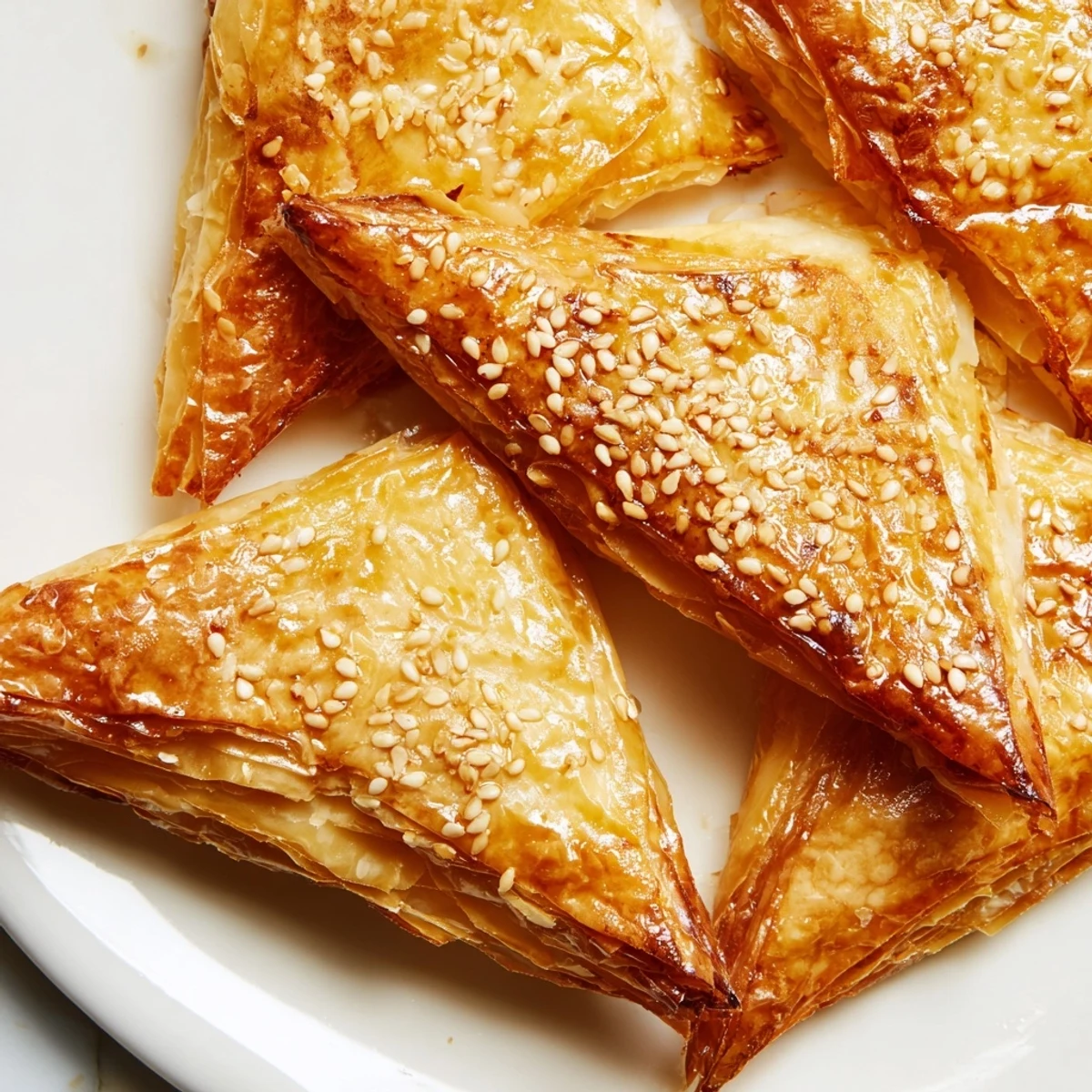 Triangle shaped Moroccan spiced chicken briouats with honey glazed chicken filling visible