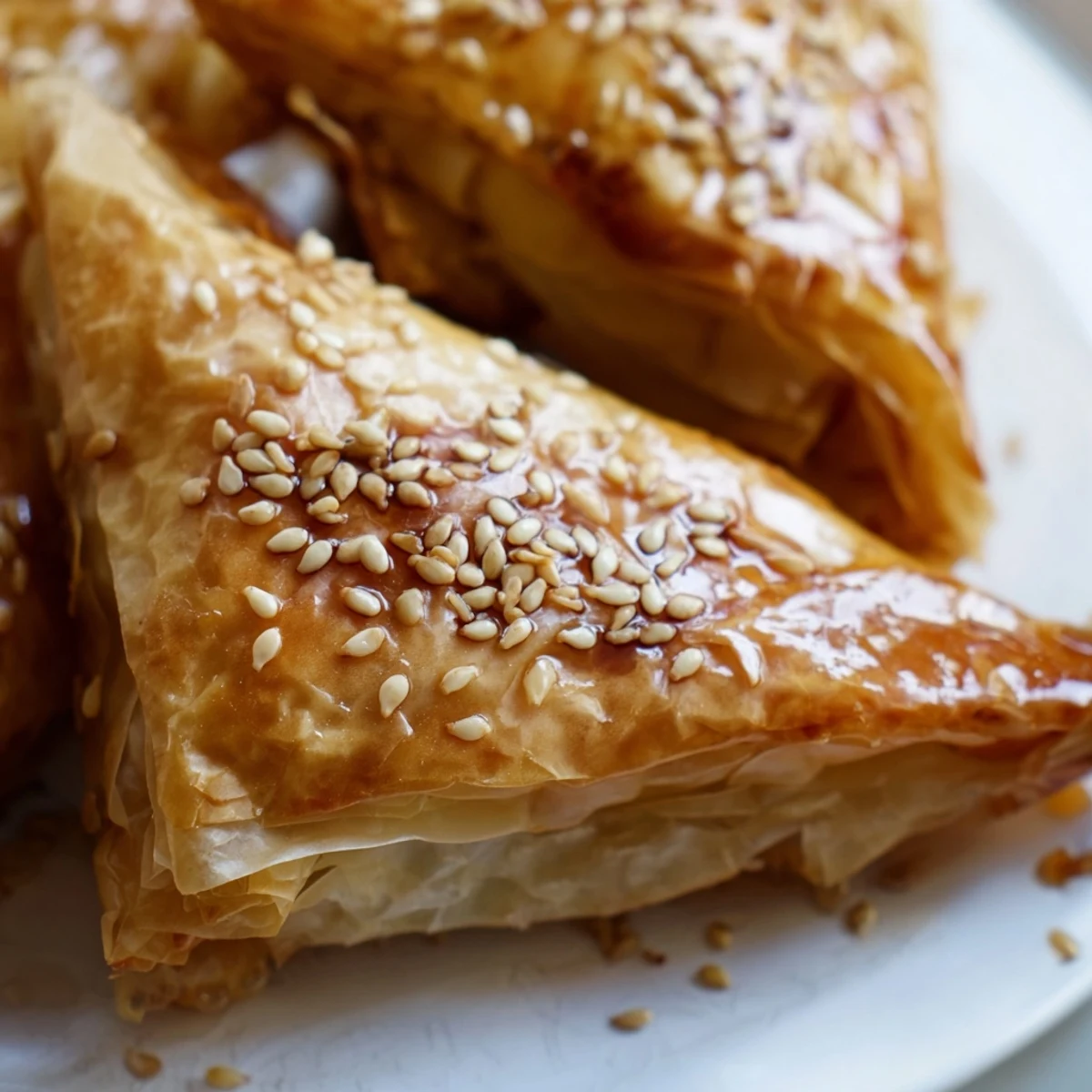 Crispy phyllo wrapped Moroccan spiced chicken briouats sprinkled with sesame seeds