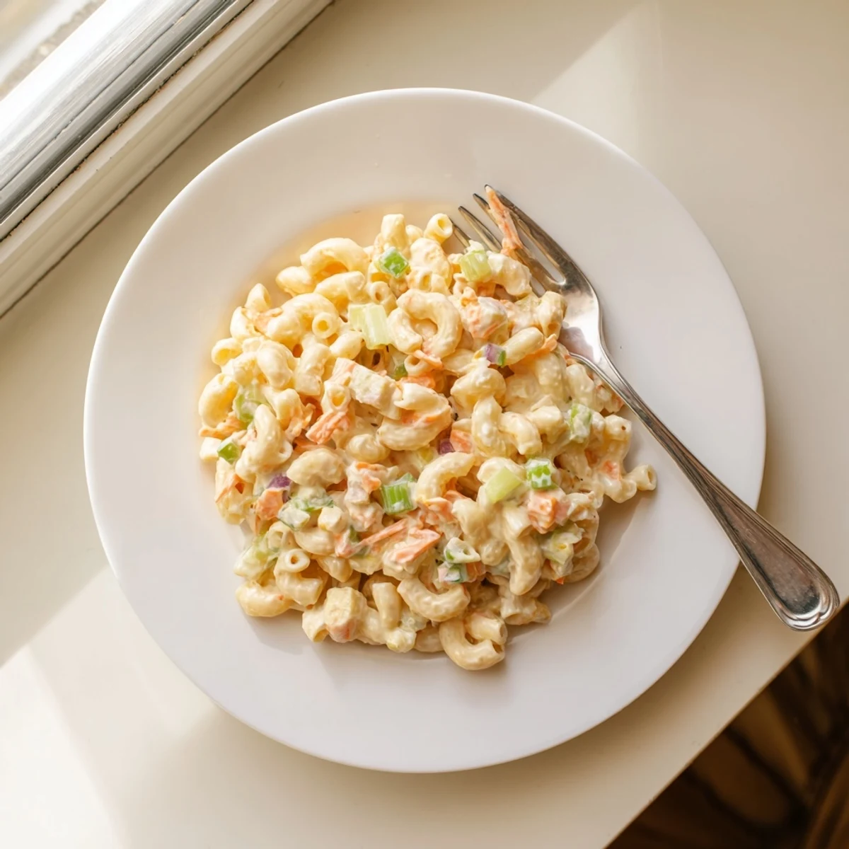 Creamy Hawaiian style mac salad with tender pasta and colorful vegetables in a white serving bowl