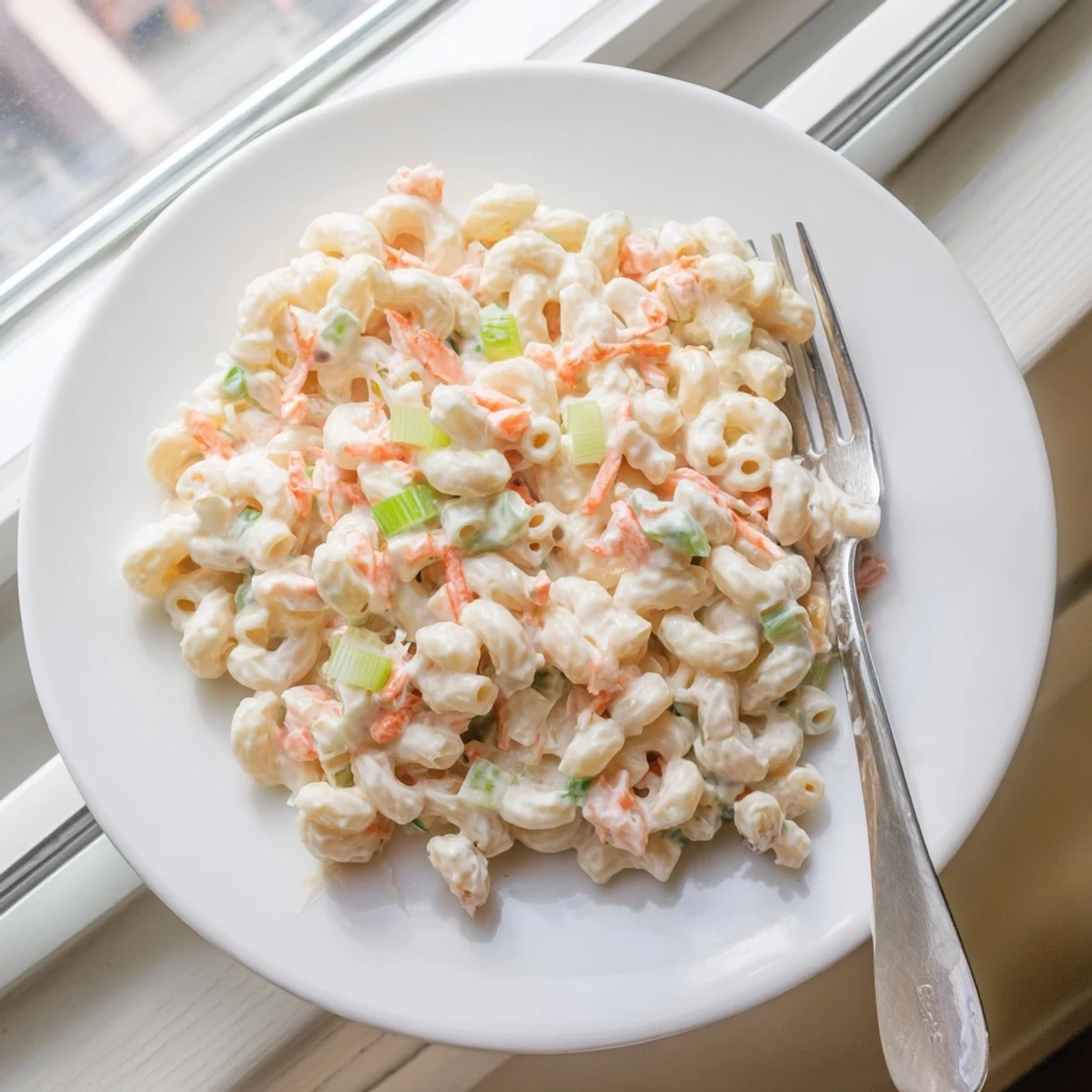 Golden macaroni tossed in tangy mayonnaise dressing featuring Hawaiian style mac salad with crisp vegetable mix-ins