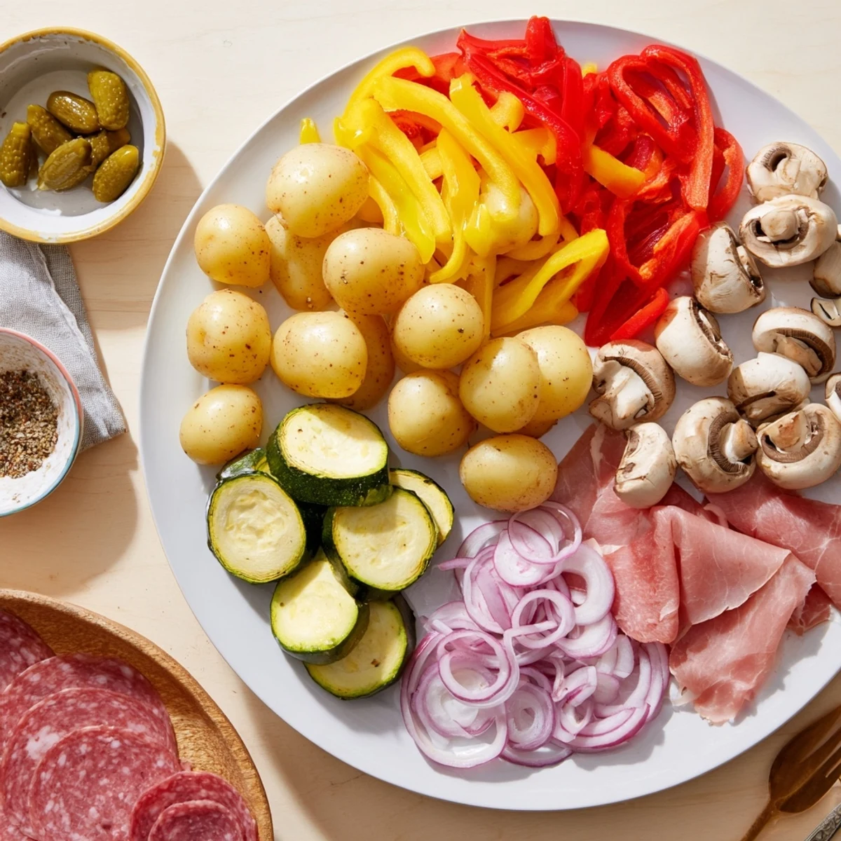 Tabletop raclette grill featuring individual pans of melting cheese over fresh vegetable accompaniments