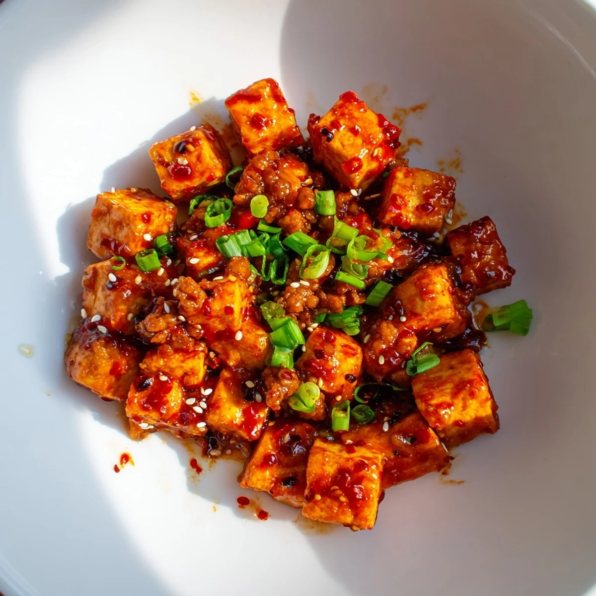 Steaming bowl of Mapo Tofu Udon featuring chewy noodles topped with spicy red sauce and soft tofu cubes