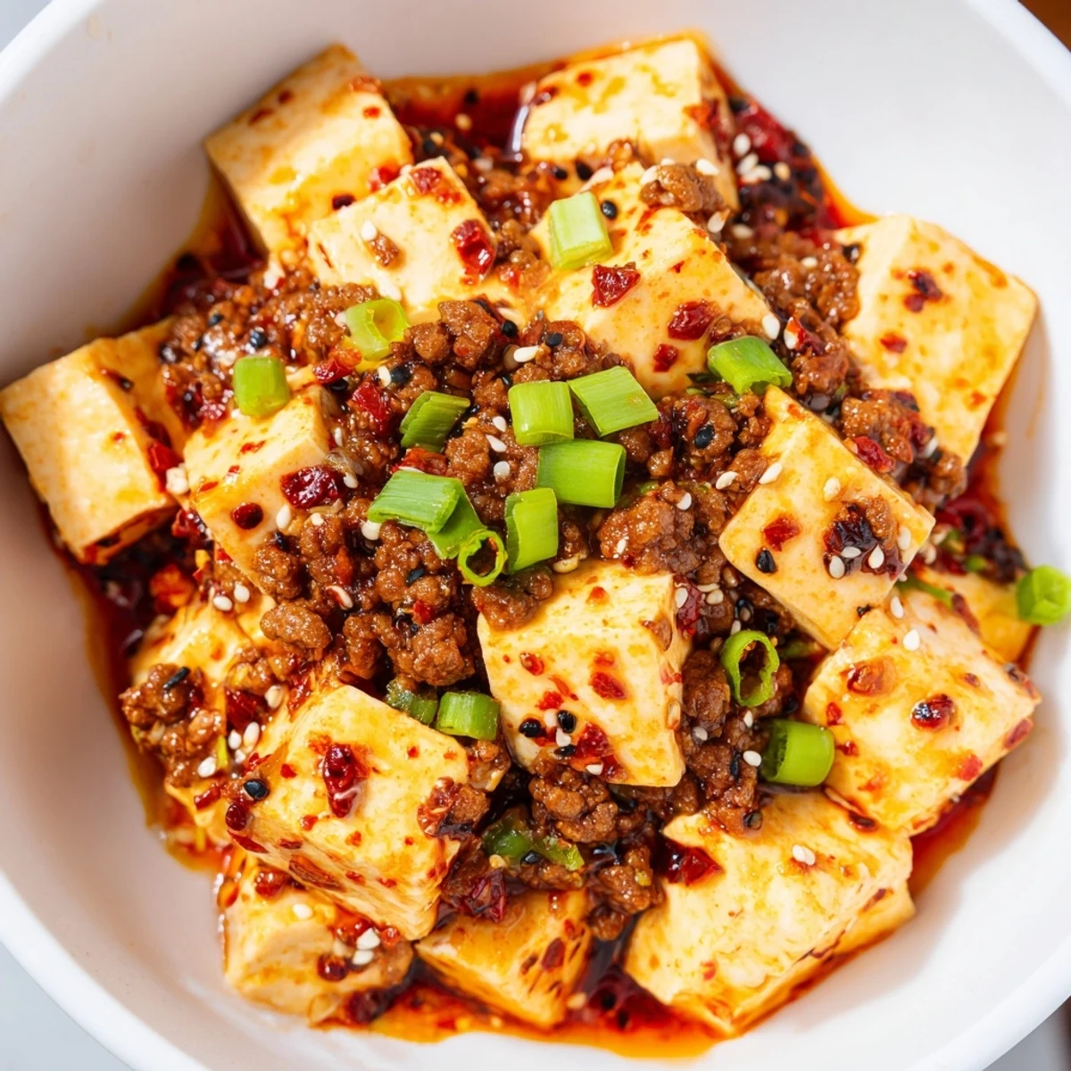 Comforting Mapo Tofu Udon fusion dish with thick udon noodles swimming in savory spicy pork sauce