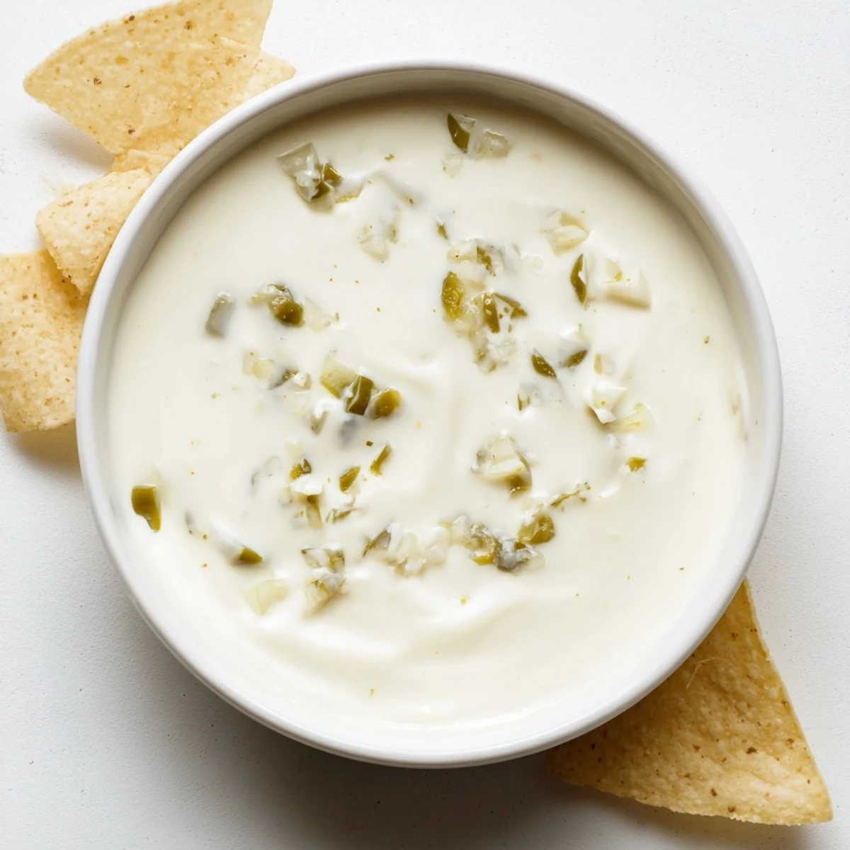 Creamy white queso dip served warm in a bowl with crisp tortilla chips