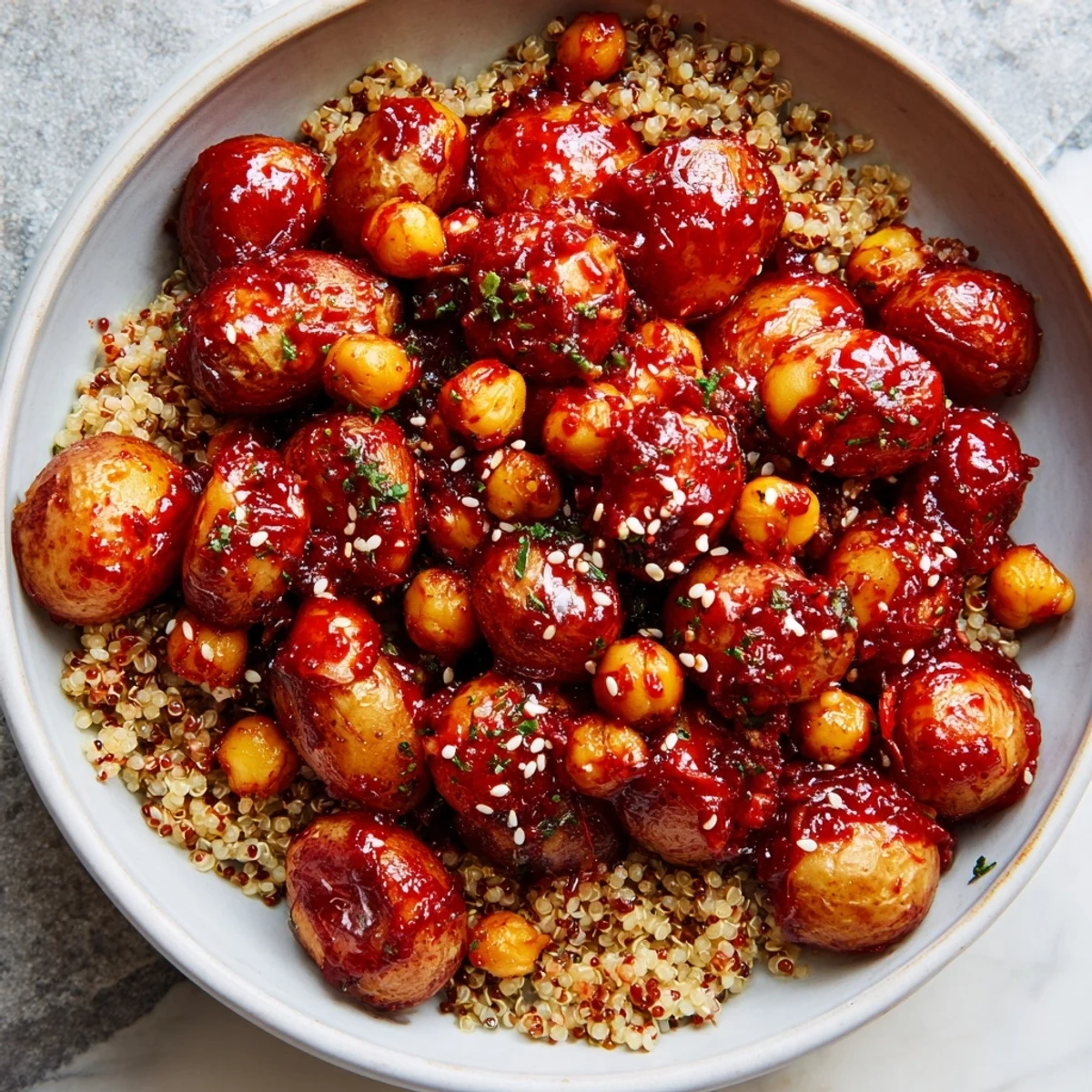 Vibrant vegan bowl featuring crispy gochujang glazed potatoes and chickpeas served atop a bed of fluffy quinoa