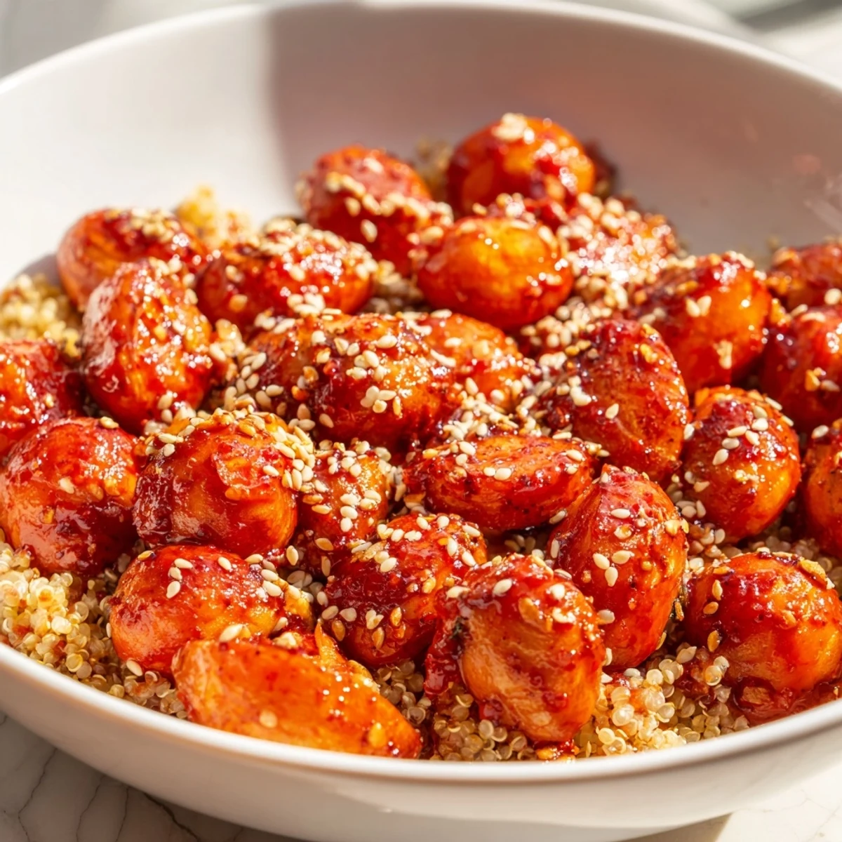 Golden roasted potatoes and chickpeas coated in spicy gochujang sauce over fluffy white quinoa in a bowl