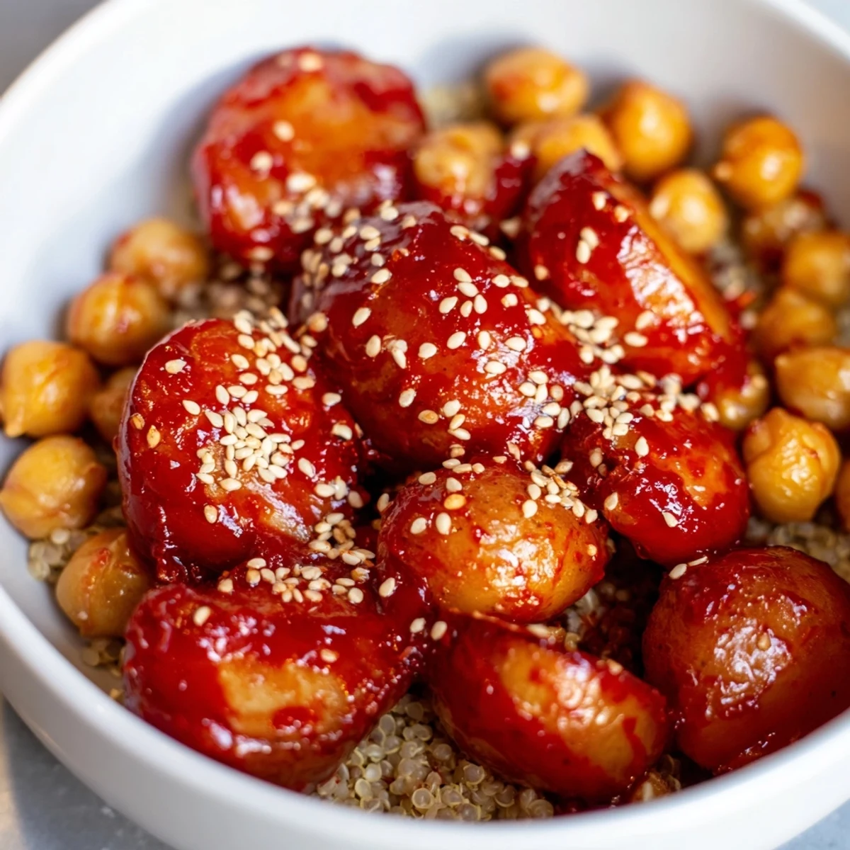Hearty quinoa bowl topped with red spicy gochujang potatoes roasted chickpeas and fresh green onion garnish