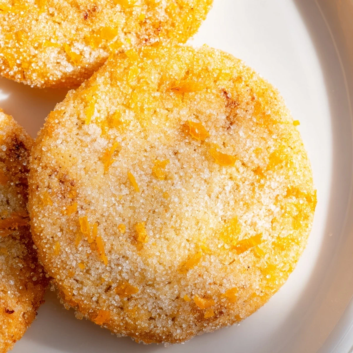 Golden orange sugar zest cookies with sparkling sugar coating on a white baking sheet