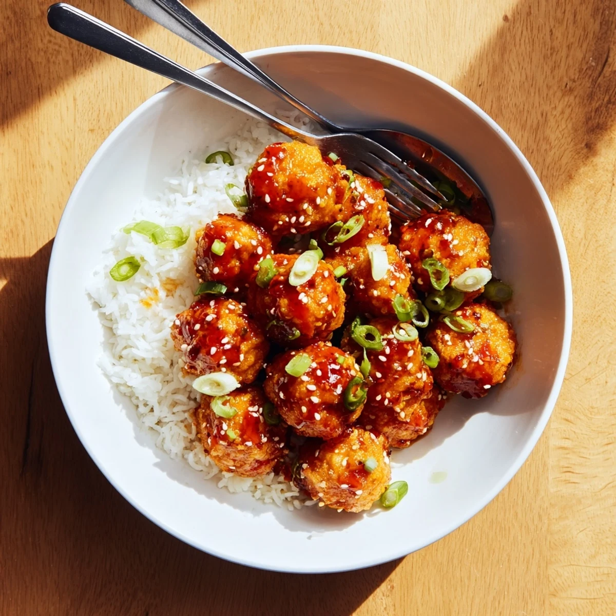Golden sweet chili tofu balls glazed in tangy red sauce and garnished with fresh scallions