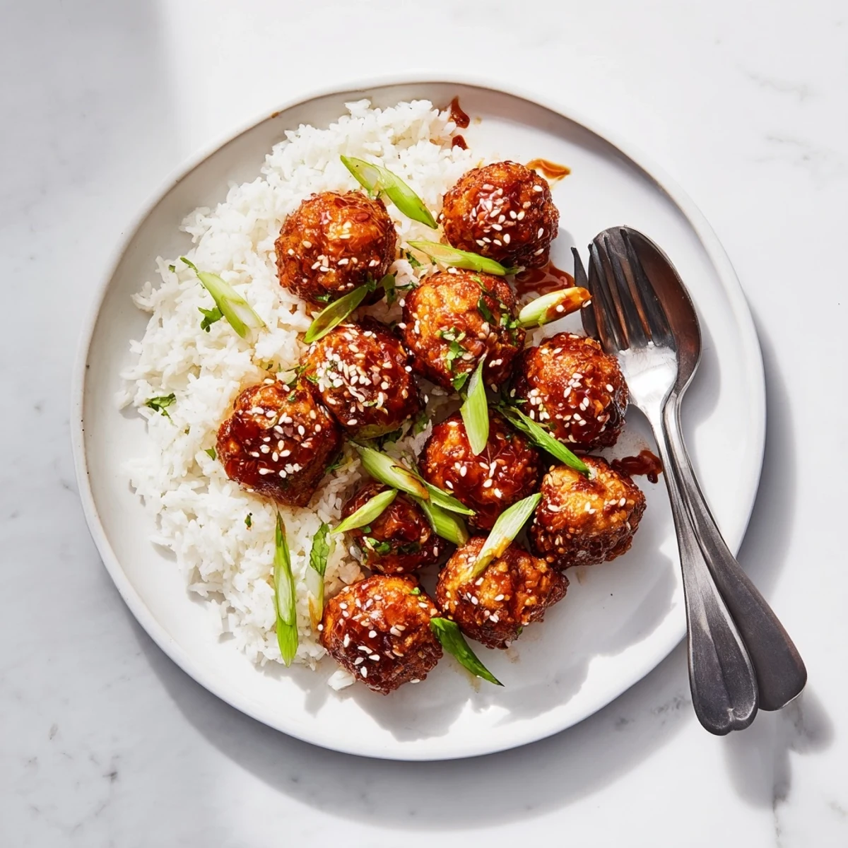 Vegan sweet chili tofu balls coated in glossy sauce and sprinkled with green onions