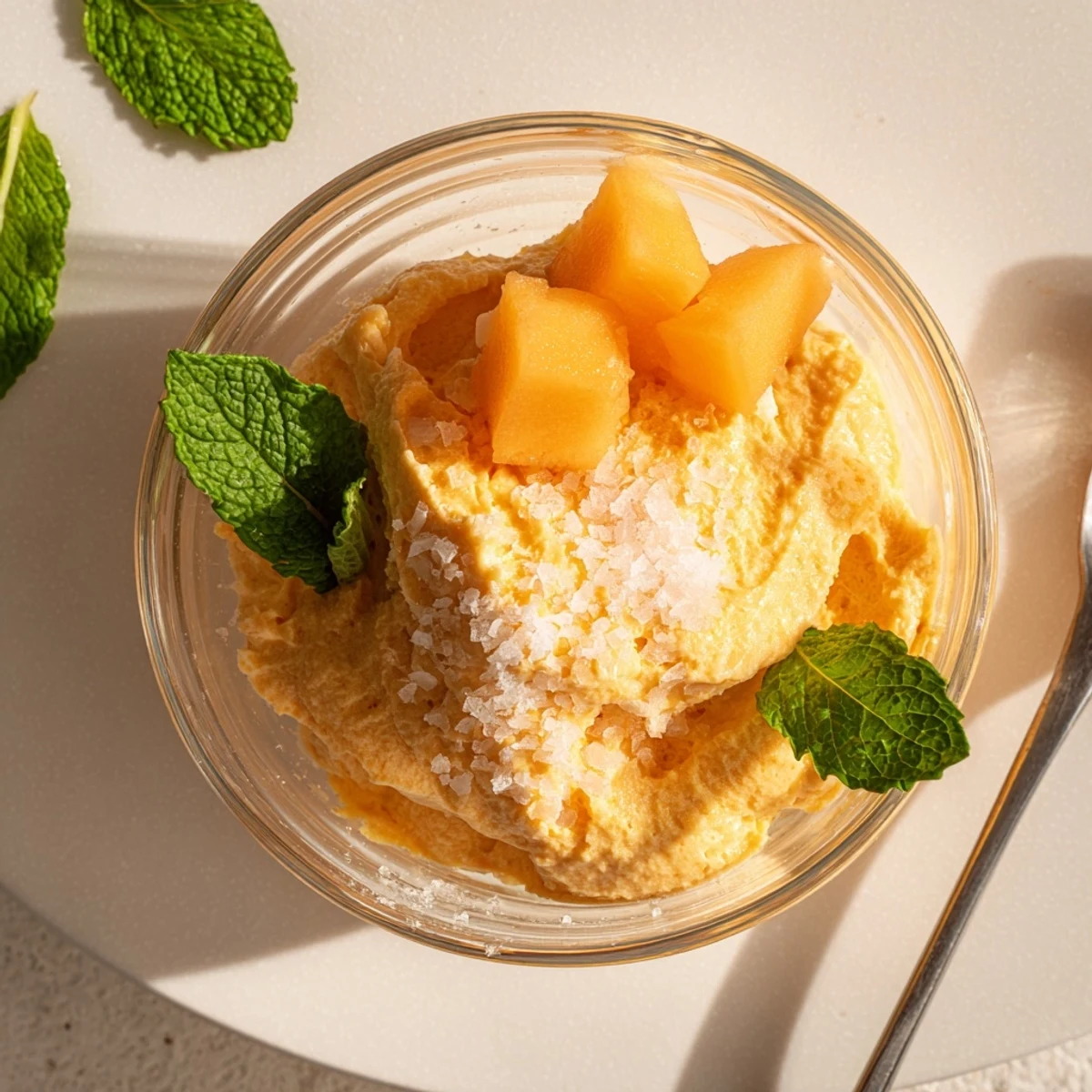 Creamy cantaloupe sea salt cream dessert chilled in glass garnished with fresh mint
