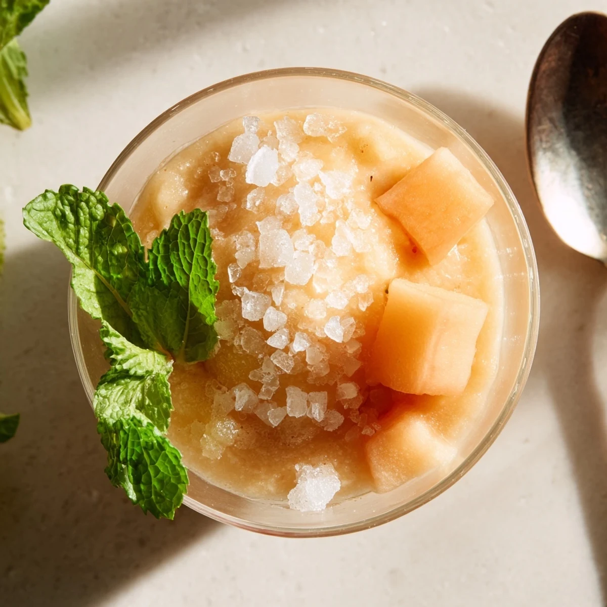 Refreshing cantaloupe sea salt cream served cold with mint and extra sea salt
