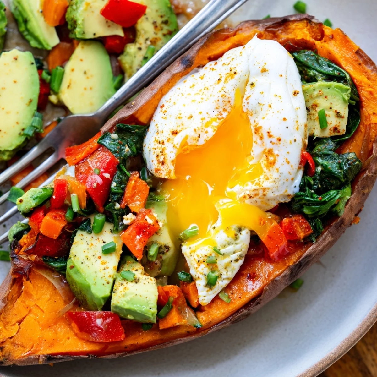 Sweet Potato Breakfast Boats with runny eggs, creamy avocado, and smoked paprika