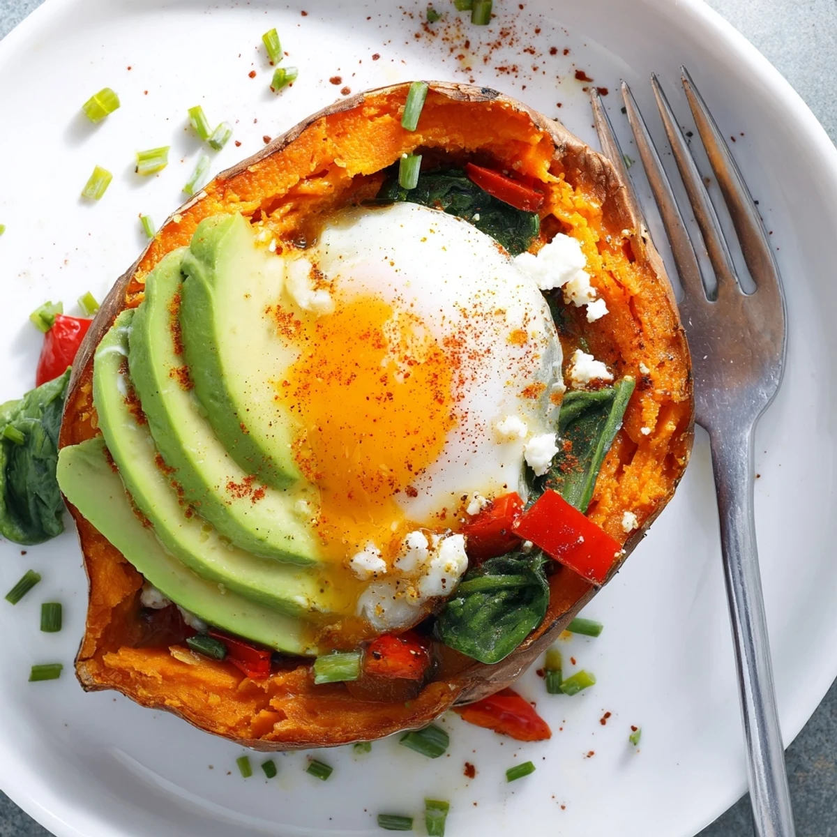Baked Sweet Potato Breakfast Boats steaming from oven, sautéed peppers and spinach