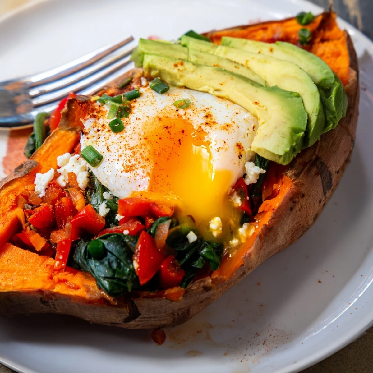 Sheet-pan Sweet Potato Breakfast Boats served warm with sliced avocado and salsa