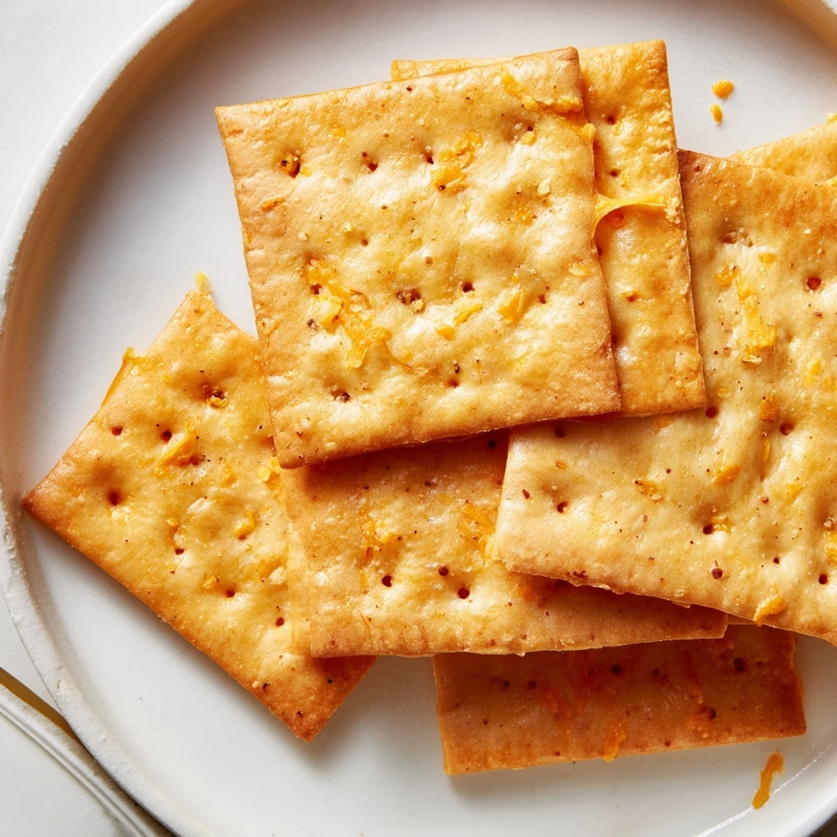 Sourdough Cheddar Snack Crackers: golden, crispy squares sprinkled with coarse sea salt