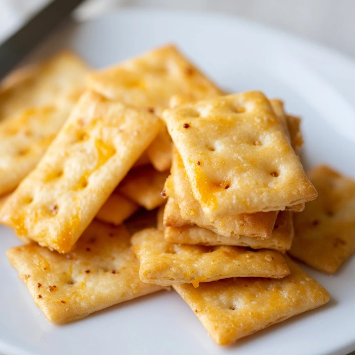 Stack of Sourdough Cheddar Snack Crackers beside hummus, tangy cheddar aroma