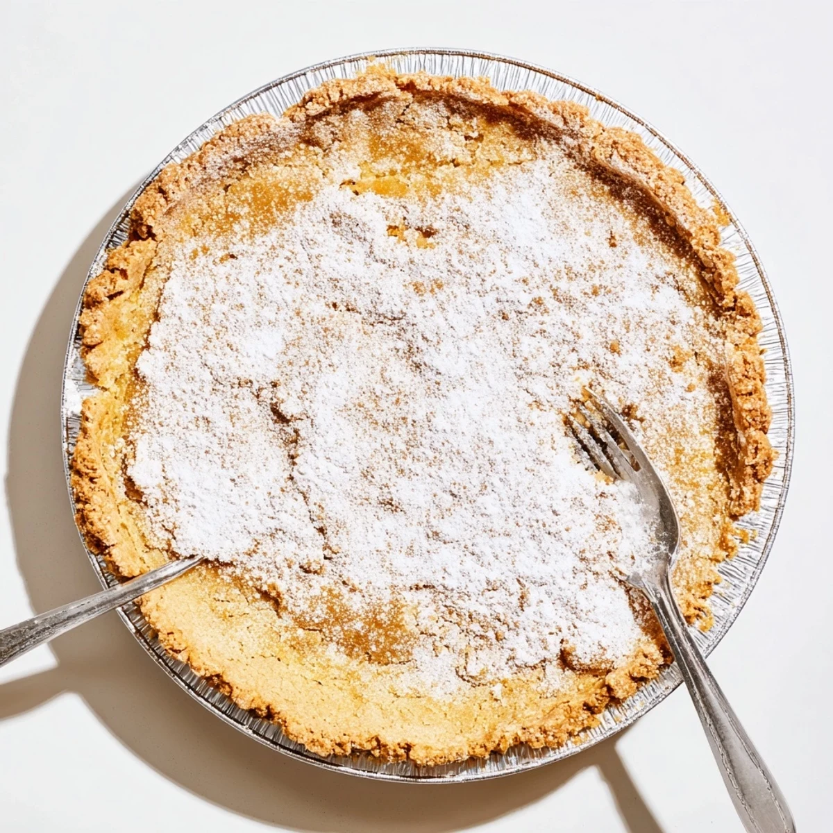 Golden brown Milk Bar Crack Pie with oat cookie crust and buttery caramel filling dusted with powdered sugar