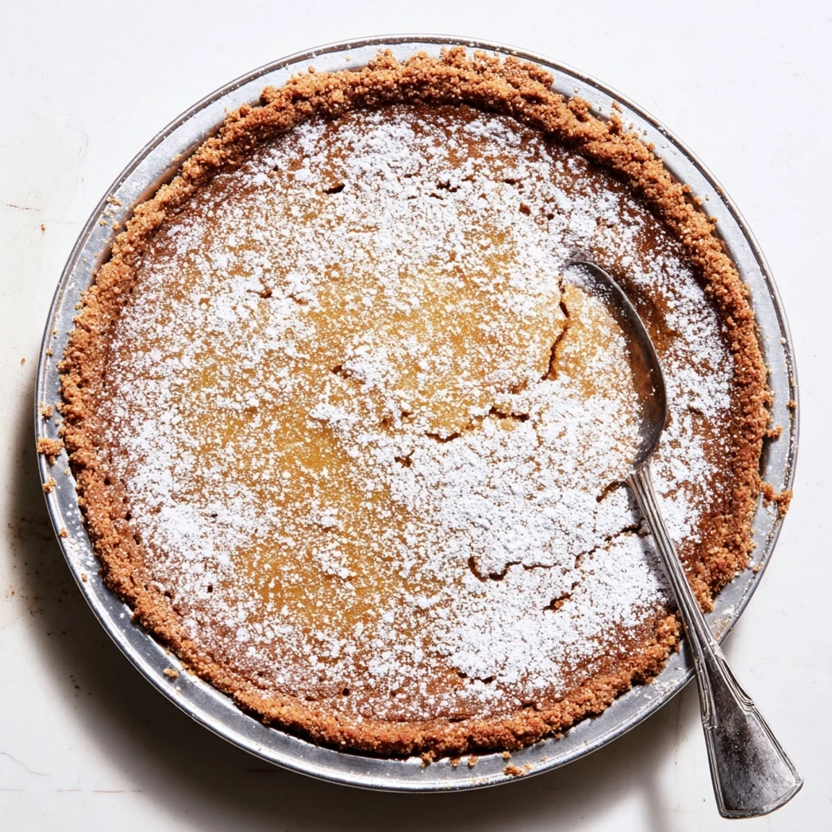 Sliced slice of Milk Bar Crack Pie revealing gooey center and crumbly oat crust on white plate